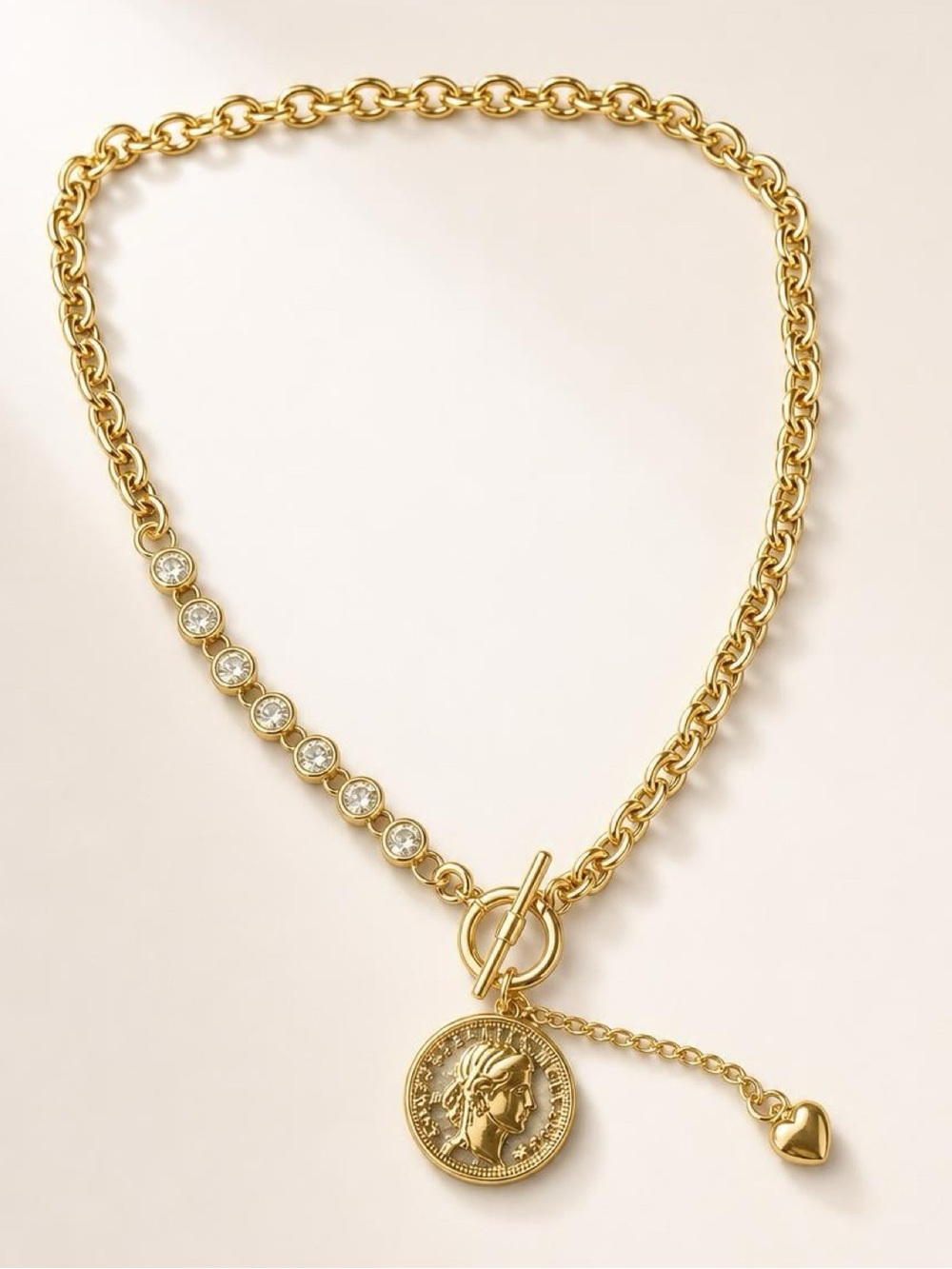Fashion Jewelry Gold-Tone Coin Pendant Necklace with Heart Charm